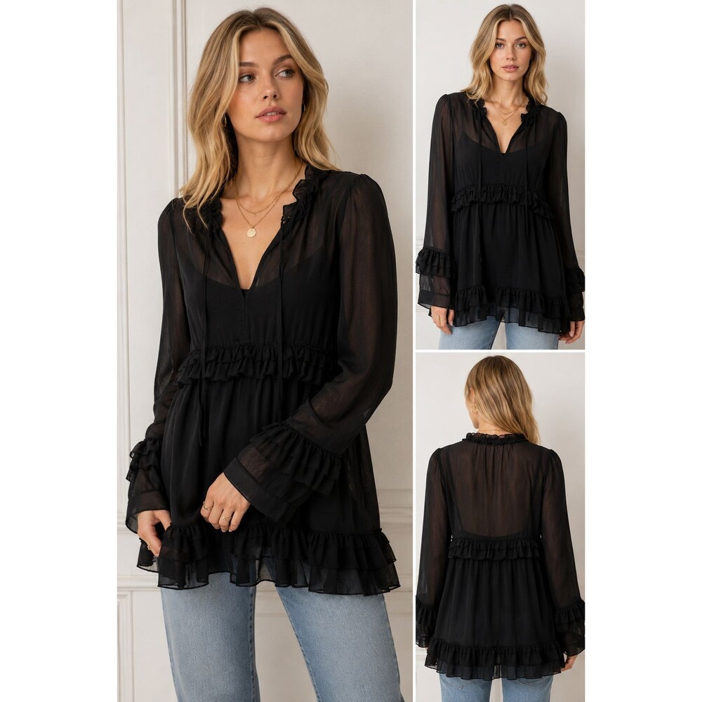 Kaelyn Max Women‎ M Black Sheer Tunic Top Romantic Ruffle Tie Neck Blouse 1477U5